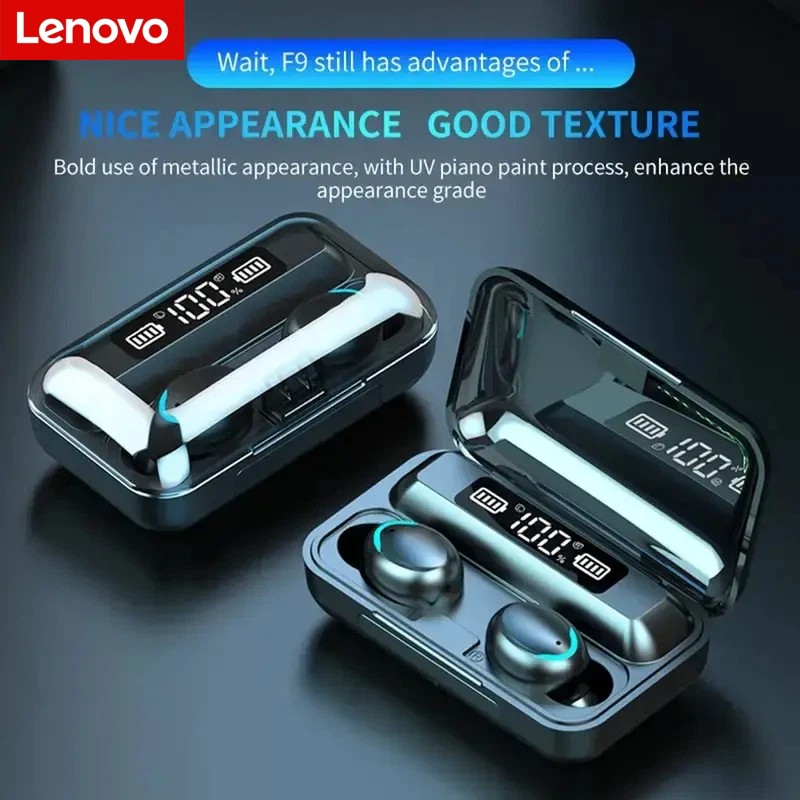 Usb C Earphone - หูฟังไร้สายบลูทูธ Lenovo F9 - กล่องชาร์จความจุสูงและหน้าจอดิจิตอล, หูฟังสำหรับเล่นเกมแบตเตอรี่ใช้งานได้ยาวนาน