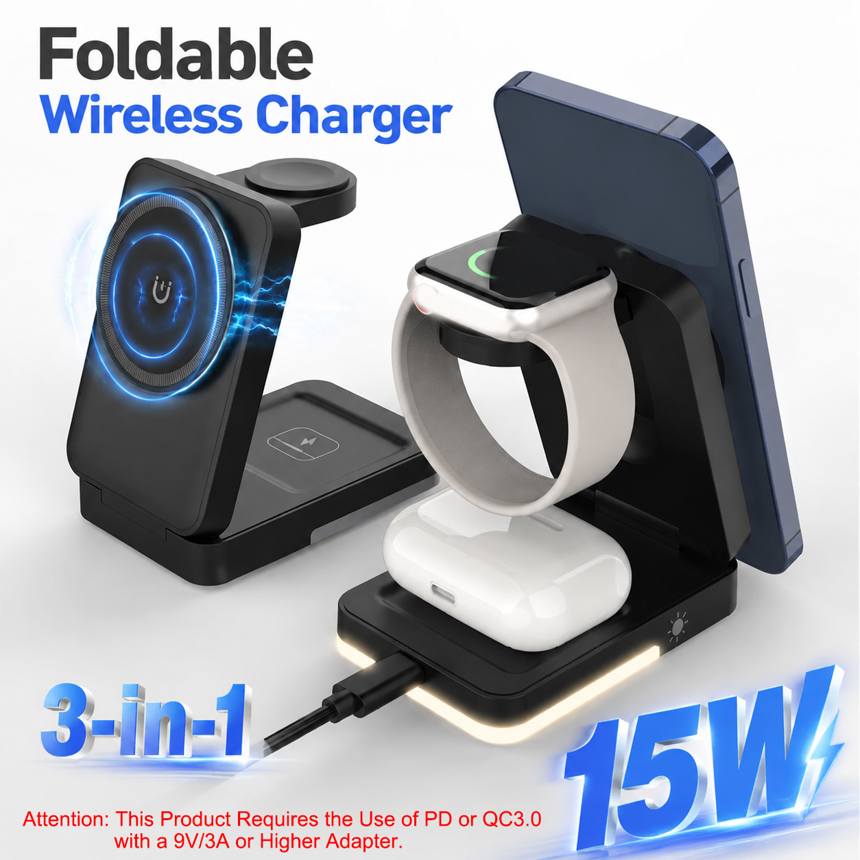 Usb C Earphone - แท่นชาร์จไร้สายแบบพับได้ 3-in-1 กำลังไฟ 15W ชาร์จด้วยระบบแม่เหล็กแบบเหนี่ยวนำ พกพาสะดวกสำหรับการเดินทาง